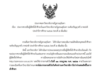 (รอบ 5)
ประกาศรายชื่อผู้มีสิทธิ์เข้าศึกษาในมหาวิทยาลัยราชภัฏสวนสุนันทา